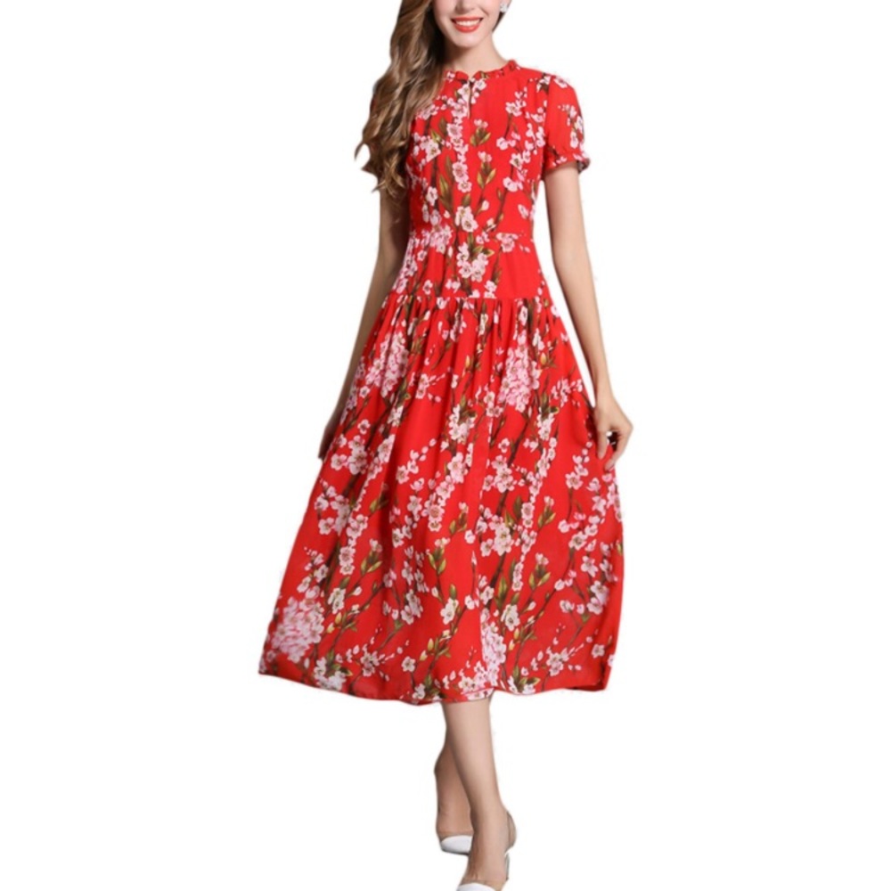 Red Cherry Blossom drop waist dress